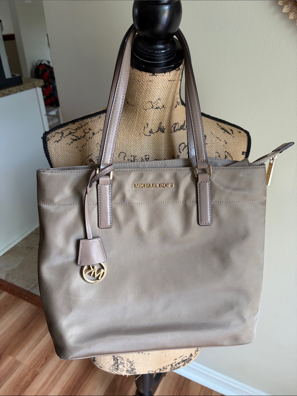 Michael Kors Morgan Taupe Nylon Large Shopper Tote Bag